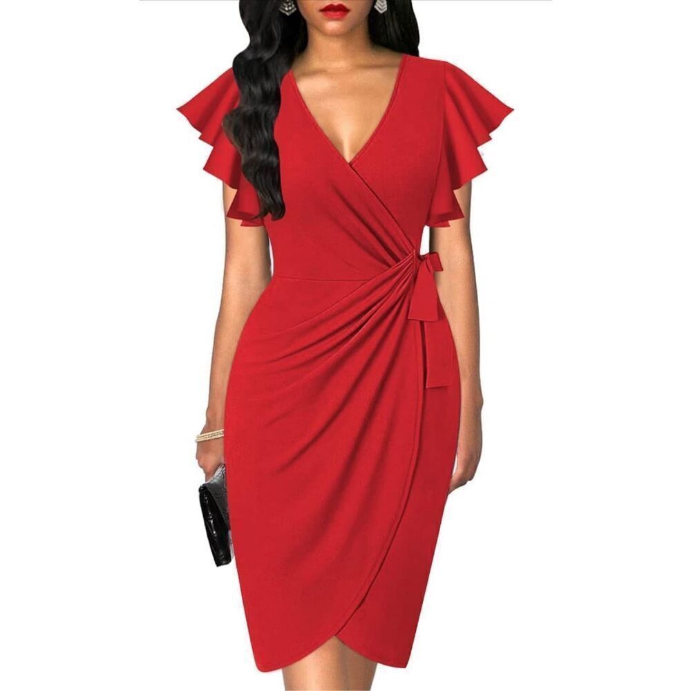 NEW Deep V Neck Ruffle Sleeve Sheath Faux Wrap Slit Pencil Dress M